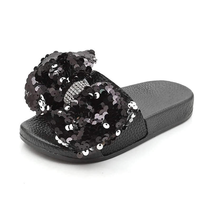 Блестки бабочка узел модные мерцающие детские тапочки обувь для маленьких девочек принцесса дети пляжные сандалии домашняя обувь Шлепанцы - Цвет: Черный