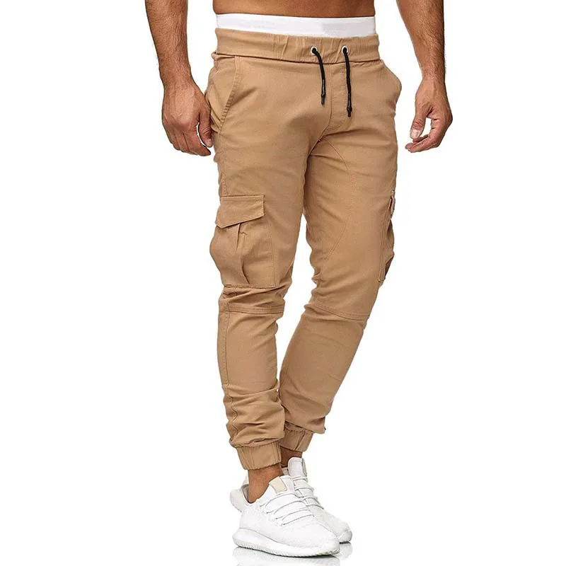 Khaki - 7501 Мужские брюки-карго, одноцветные, с несколькими карманами, с эластичной резинкой на талии, брюки в стиле хип-хоп, мужские повседневные штаны для бега, модные спортивные штаны для мужчин 7498 - Цвет: Khaki - 7501