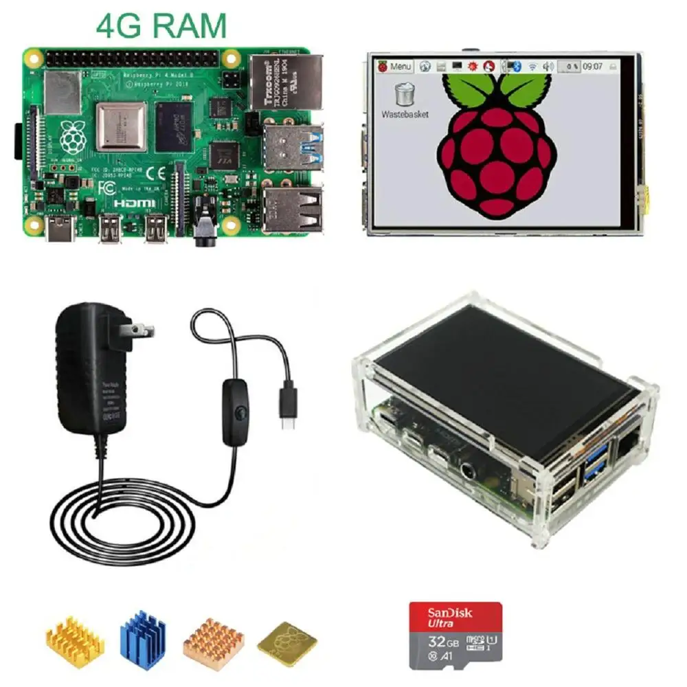 Raspberry Pi 4 Модель B 4G с 3,5 дюймовым ЖК-дисплеем RPI4 акриловый корпус RPI 4B 5V 3A адаптер питания 32G SD карта Cooper теплоотвод - Комплект: with Acrylic case