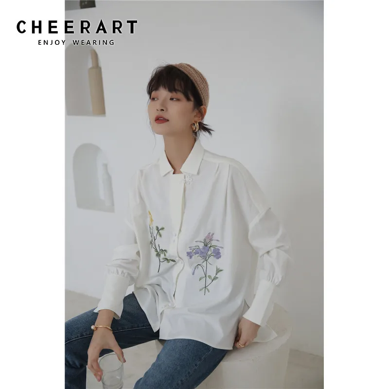 

Cheerart White Simple Embroidery Blouse Women Loose Top Floral Embroidered Long Sleeve Shirt Frog Button Blouse Fall Clothing