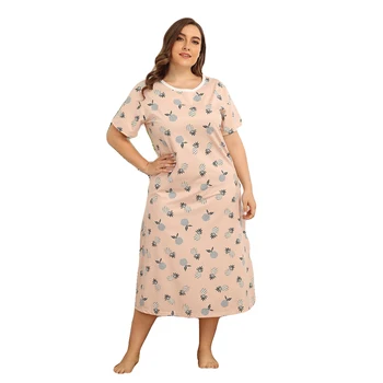 

Plus Size Summer Women Night Dress Floral Print Nightshirt Short Sleeve Nightgown Loose Sleepwear Nightdress Homewear Fashion