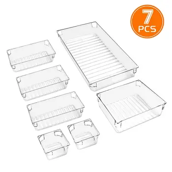

7Pcs Desk Drawer Organizer Clear Trays Assorted Drawer Dividers Versatile Storage Boxes Makeup Organiser Set for Kitchen Office