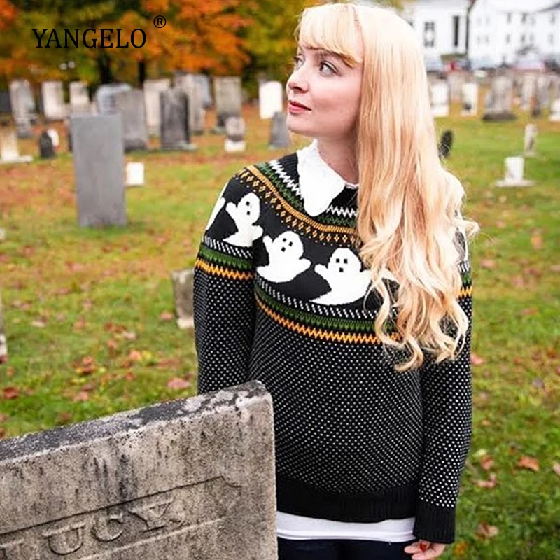 

Yangelo Ghost Pattern Knit Sweater Women 2020 Fashion Winter Warm Long Sleeve Loose Comfortable Pullover Black Gothic Girl Top