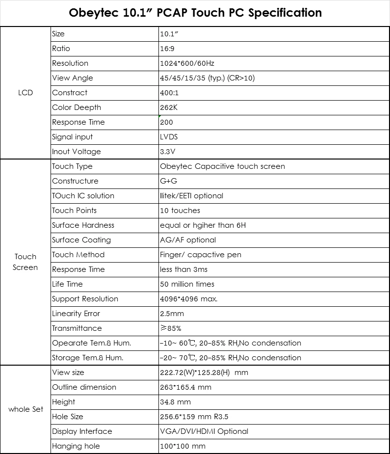 Obeytec 10 дюймов сенсорный экран монитор с PCAP емкостный сенсорный экран, 1024*600, VGA DVI HDMI интерфейс 200cd/m2 OB-OPM-101