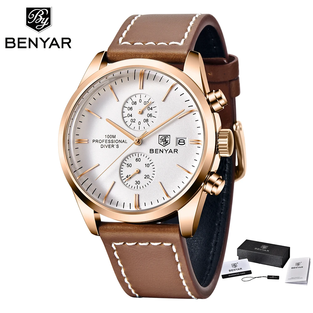 2022 New BENYAR Leather Men Quartz Wristwatches Luxury Brand 100M Waterproof Men Watch Military Sports Chronograph Watch for Men 