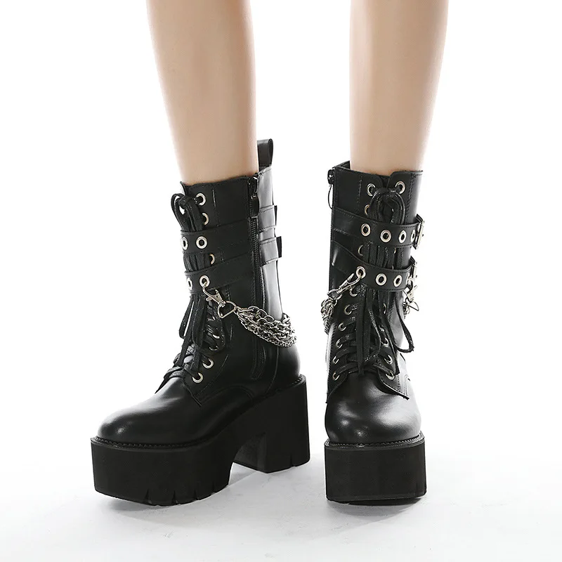 Botas negras góticas de cuero de alta calidad para mujer, botines con  plataforma y tacón grueso con cadena, Sexy, estilo Punk, con cremallera| Botas hasta el tobillo| - AliExpress