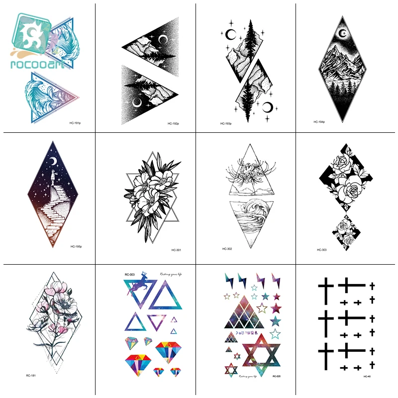 Rocooart 12Pcs Wholesale Rectangle Quadrilateral Design Temporary Body Decoration Tatuajes Sticker For Girls Art Tattoo Taty | Красота и