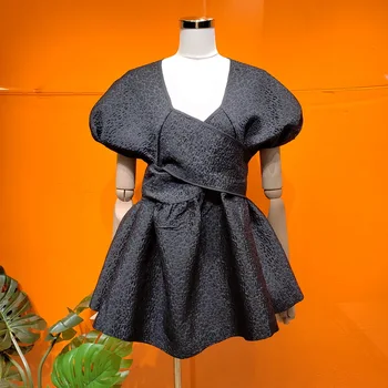 

Square Collar Backless Women Short Dress Back Strap Embroidered French Bubble Sleeve Mini Black Dress