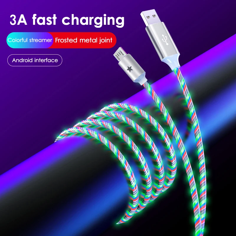 5А течет цветов LED Свечение USB зарядное устройство Тип C кабель для Android Micro