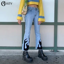 GBYXTY/прямые джинсы-капри с высокой талией; женская уличная одежда; облегающие джинсовые брюки с принтом пламени; брюки; pantalones mujer; ZA1736