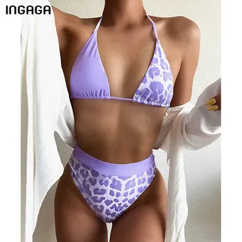 

INGAGA Leopard Swimsuits High Waist Bikinis Swimwear Women Halter Biquini High Cut Bikini Set Patchwork Bathing Suit Women