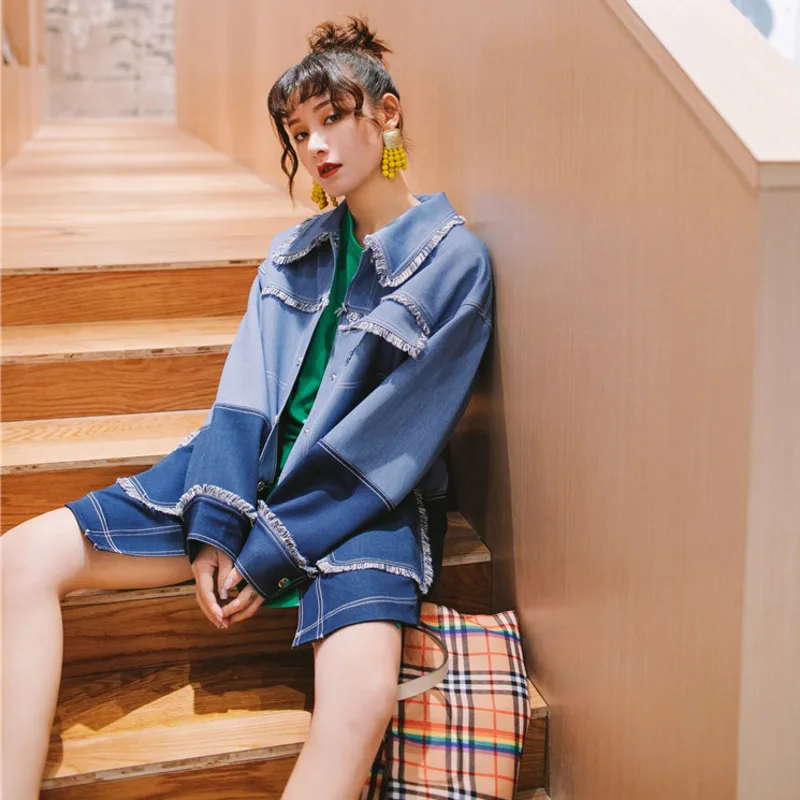 LANMREM Stitching Contrast Color Long-sleeved Edging Irregular Loose Windbreaker Woman Casual Fashion Autumn New TV548