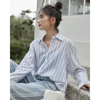 

COIGARSAM Cute Full Sleeve Shirt Womens tops New Striped Loose Cotton Linen Women shirts 8771