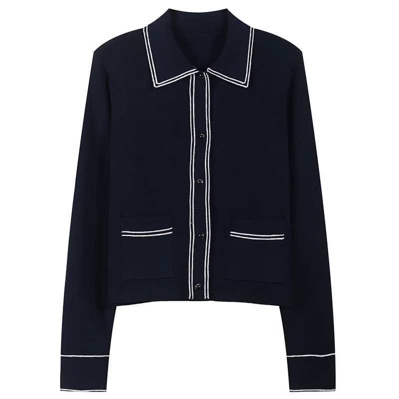 

Tunjuefs Slim Fit Elegant Turn-down Collar Button Pockets Cardigan Women Sweater Coat Striped Outwear Long Sleeve Knitted Top