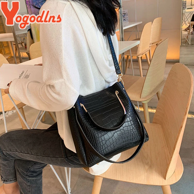 Yogodlns Crocodile Pattern Bucket Bag Women Bag Fashion Handle Bag Ladies Shoulder Bag Female Alligator Crossbody Bag