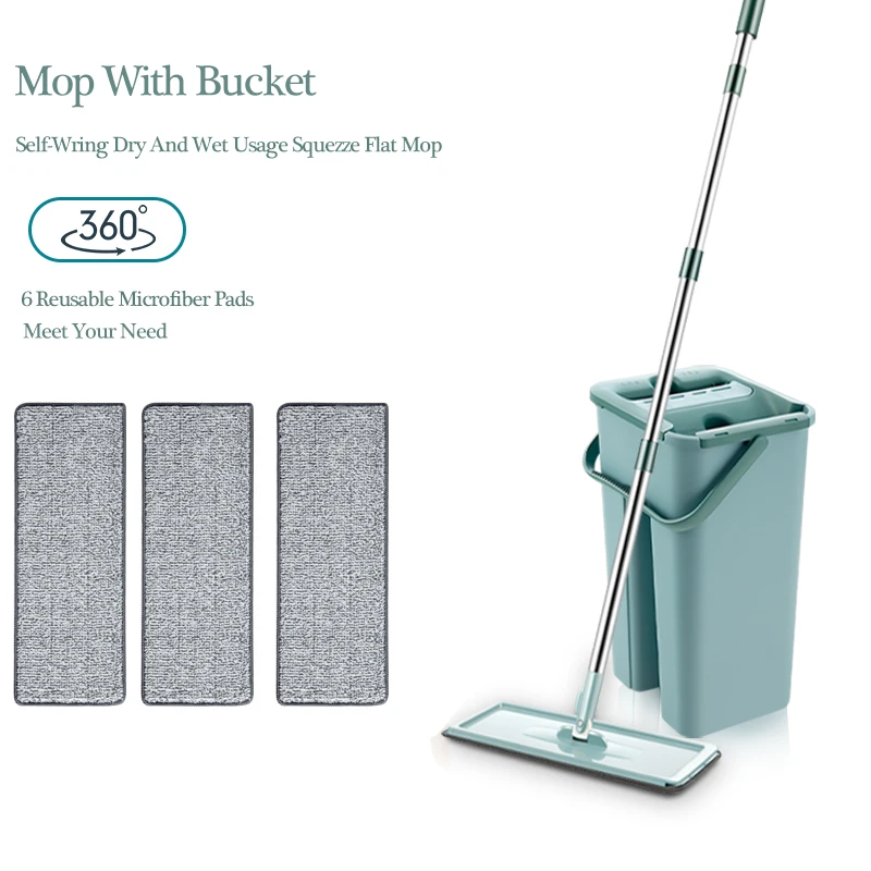 Flat Mop With Bucket Set Squeeze Floor Mops 6 Washable Reusable