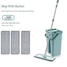 Flat Mop With Bucket Set Squeeze Floor Mops 6 Washable Reusable Microfiber Mop Pads Floor Cleaning Flat Floor Mop Bucket Wringer