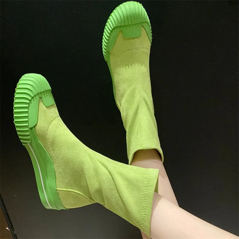 

Women's Mid-Calf Boot 2019 Autumn winter Candy Color Elastic cloth Boots Female Flat Shoes Fashion Zip Woman platform Boot Green