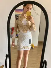 

2 Pcs Set Women Sparkling Sequin Gold Crop Tops Flower Shirt shiny Transparent gauze With Mini Short Skirt Night Club Party 288