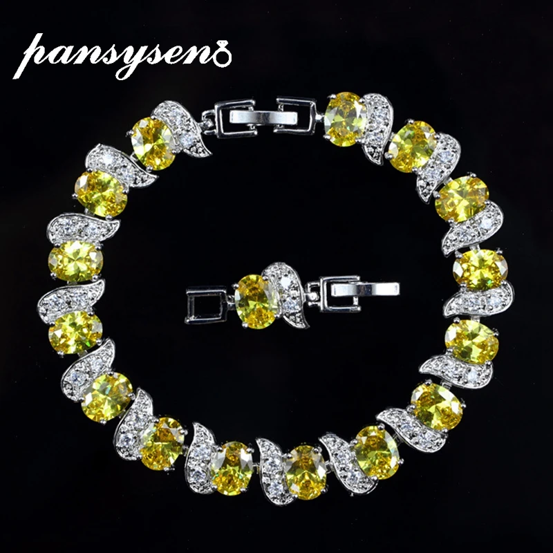

PANSYSEN Luxury Natural Citrine Emerald Gemstone Bracelets for Women 18CM Solid 925 Silver Jewelry Wedding Party Charm Bracelet