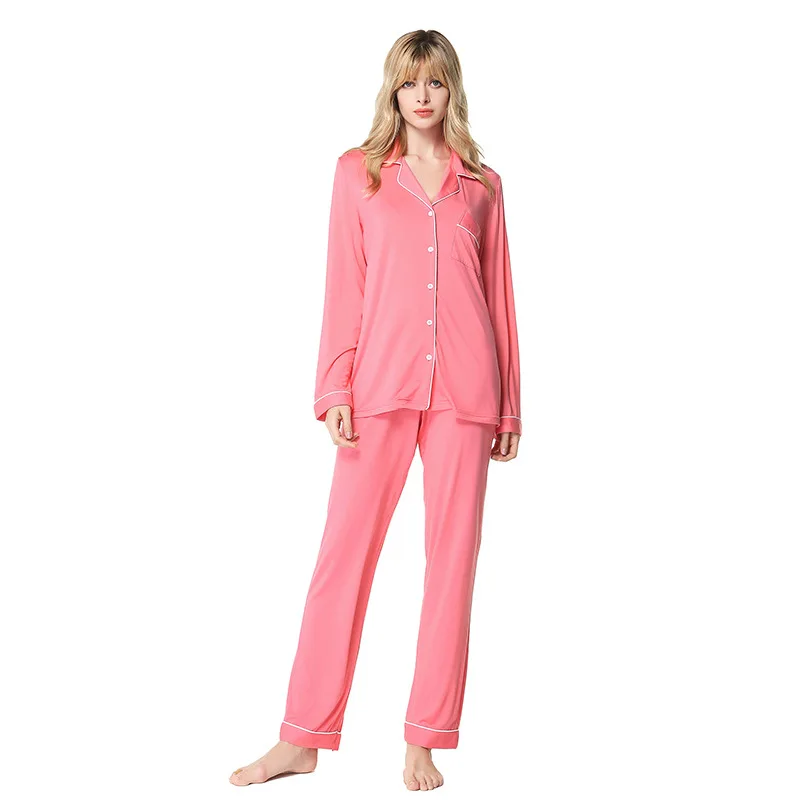 

Womens Modale Pajamas long sleeve sleepwear with Pants two piece set Solid color women's Pajama suit