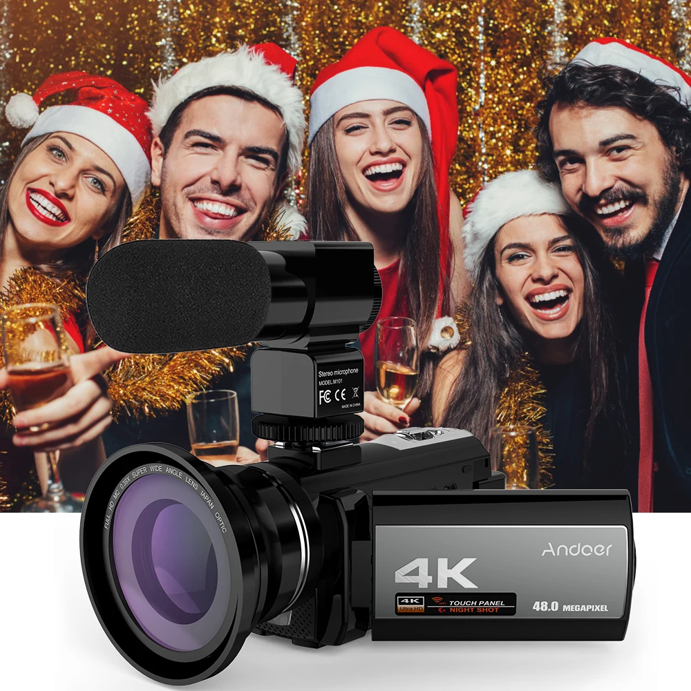 Andoer Портативная Домашняя видеокамера 4K 48MP WiFi цифровая с внешним микрофоном 0.39X