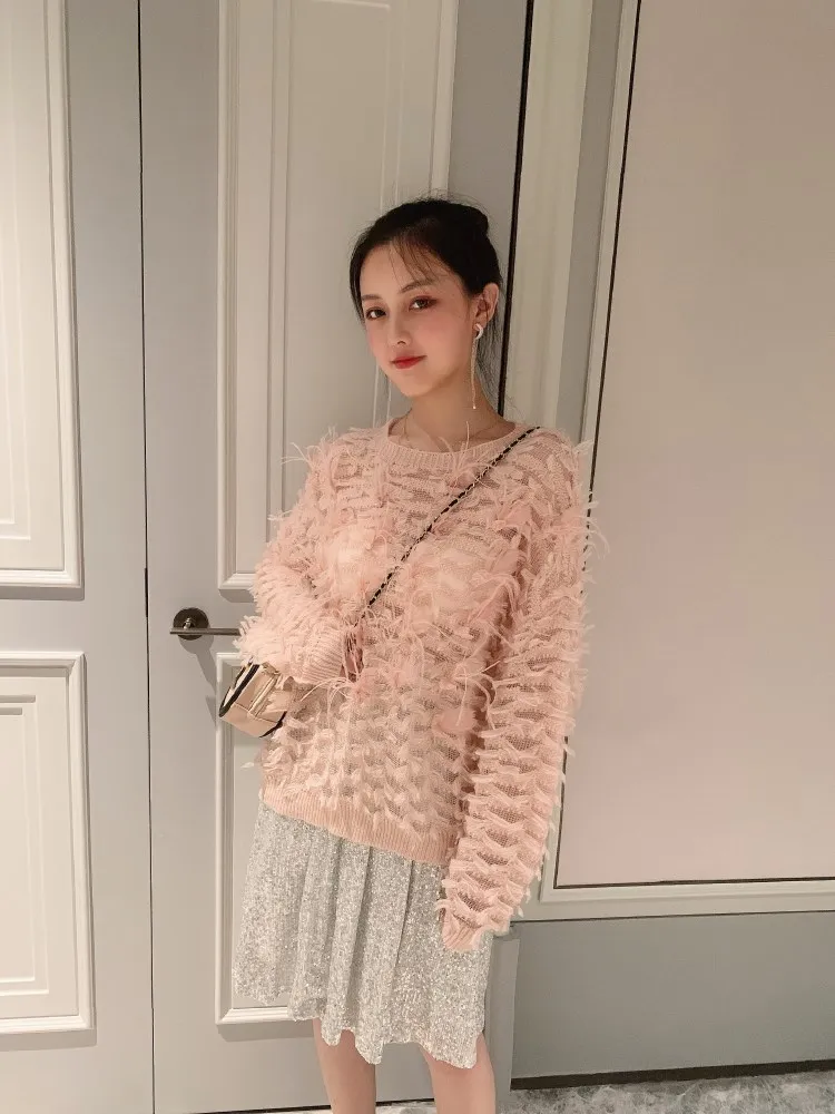WHITNEY WANG осень мода уличная перья кисточкой свитер женский джемпер sueter mujer invierno
