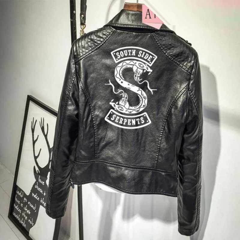 

Riverdale South Side Serpents Snake Pink/Black PU Leather Jacket Zipper Basic Coat Turn-down Collar Faux Leather Jackets Women
