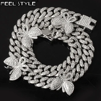 

Hip Hop Iced Out Paved Rhinestones 12MM Gold Full Miami Curb Cuban Chain With Butterfly Bling choker Necklaces For Men Jewelry