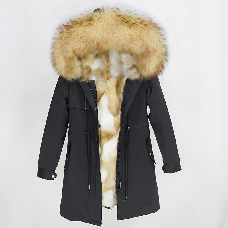 OFTBUY настоящая меховая парка зимняя куртка женская натуральный Лисий меховой капюшон, воротник лиса пальто с подкладкой Толстая теплая верхняя одежда Уличная Повседневная - Цвет: black gold