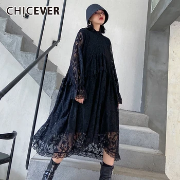

CHICEVER Patchwork Lace Hollow Out Dress Women Stand Collar Flare Sleeve Oversize Loose Midi Dresses Female 2020 Fashion New