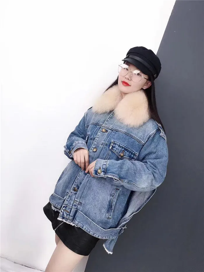real fur coat Winter Jacket Women Coat Real fox Fur lined denim jacket Parka back letter print