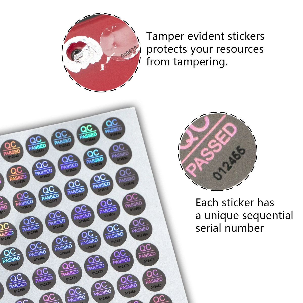 실버 높은 보안 씰 Tamper Evident 스티커 보증 무효 QC 통과 라벨 독특한 일련 번호가 매겨진 홀로그램 스티커