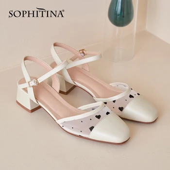 

SOPHITINA Women's Sandals Closed Toe Quality Cow Leather Breathable Outdoor Mesh Upper Mid Sqaure Shoes Heel Ladies Shoes MO591