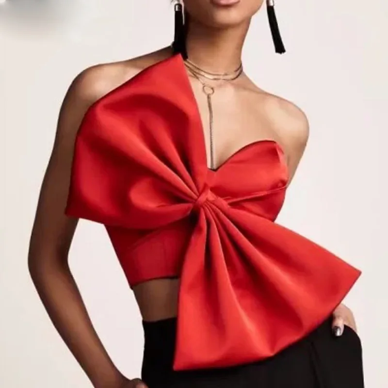 Profit Sorg Harden Summer Womens Off-the-shoulder Crop Top Sexy Breast Wrap Short Blouses  Female Sleeveless Big Bow Vest Tops Black Red Shirt Tees - Blouses & Shirts  - AliExpress