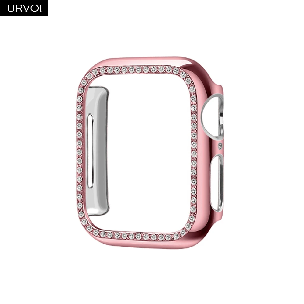 Pink gold URVOI чехол для Apple Watch series 5 4 32 гальванический пластиковый бампер жесткий каркас Блестящий Цирконий сломанный стеклянный камень крышка для iWatch - Цвет: Pink gold