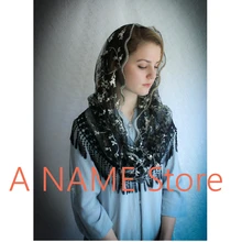 Круглая традиционная вуаль для церкви, Мантилья, католическая женская накидка на голову, Латинская Массовая Цветочная Кружевная аппликация с кисточками, черная Тюлевая Фата