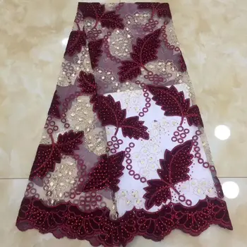 

Cheap Price High quality Velvet fabric African Nigerian Embroidered Mesh Lace Fabric Latest Mesh Wine Color lace Fabric YYZ269