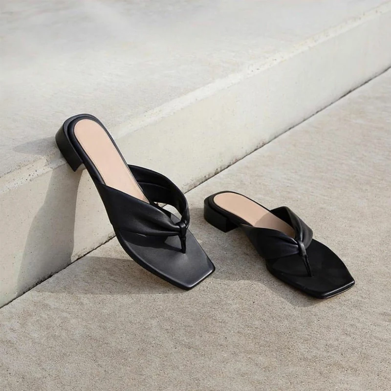 

2019 Slides Chic Flip Flops Sandals Genuine Leather Sqaure Toe Sandals Women Chunky Heel Summer Beach Sandals Ladies Flat Shoes