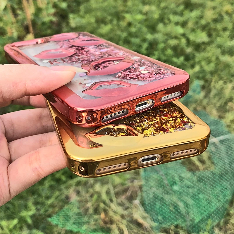 10 шт. для iphone XS max гальванический губы динамичный, жидкий песок чехол для телефона чехол для iphone 7 Plus для iphone 8 задние чехлы