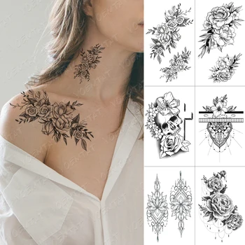

Tatuaje temporal a prueba de agua pegatina Cruz cráneo flores Flash tatuajes Rosa peonía cuerpo arte brazo transferencia de agua