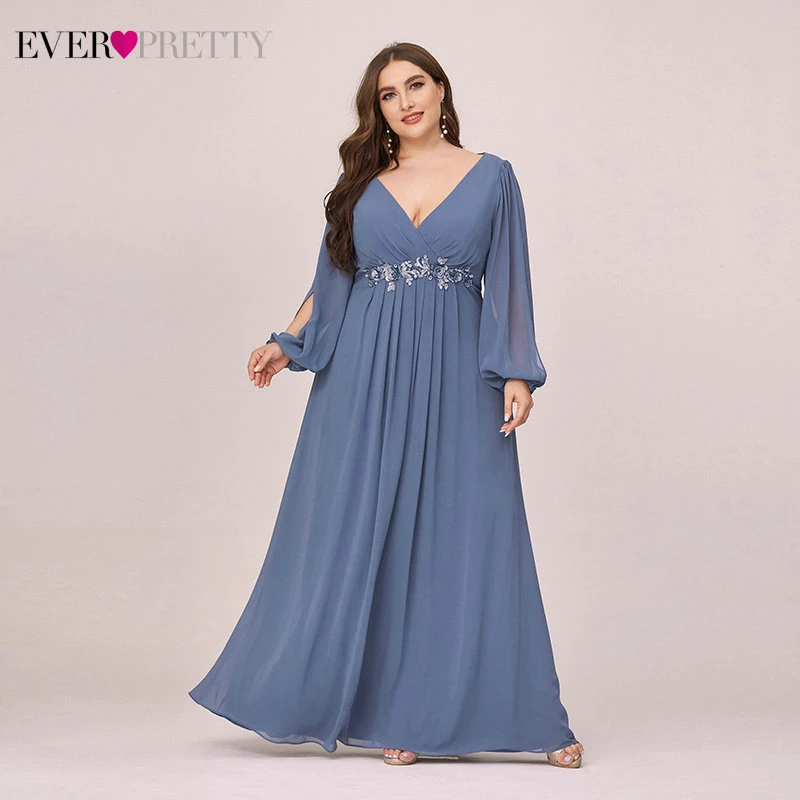 

Ever Pretty Plus Size Mother Other Of The Bride Dresses Appliques A-Line V-Neck Long Sleeve Formal Wedding Party Gowns Vestidos