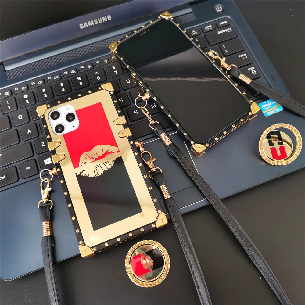 Luxury Brand Sexy Red Lips Case for iphone 14 PRO MAX 11 PRO 12 13 PRO MAX  X XS XR 7 8 15 PLUS Glitter Gold Square Phone Cover