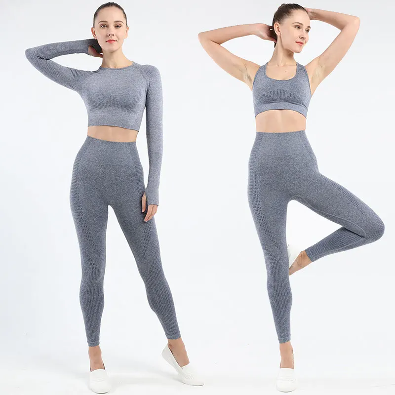 

2 Piece Set Women Seamless Yoga Sets High Waist Mesh Leggings Sports Bra Gym Workout Clothes Set Long Sleeve Fitness top crop