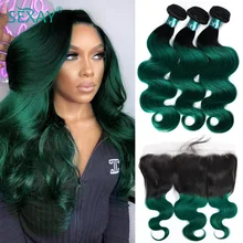 

Sexay Ombre Body Wave Bundles With Frontal Dark Roots 1B Turquoise Green Brazilian Human Hair Weave Bundles With 13x4 Frontals