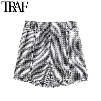 

TRAF Women Vintage Stylish Pockets Frayed Trim Tweed Shorts Fashion High Waist Side Zipper Female Short Pants Pantalones Cortos
