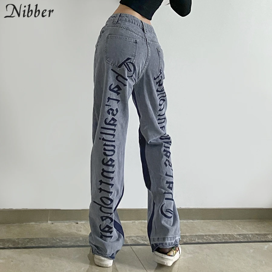 

Nibber Tide Streetwear Cotton Jeans Straight Pants Women Print Korean High Waist Baggy Trousers 2021 Retro Stitching Denim Pants