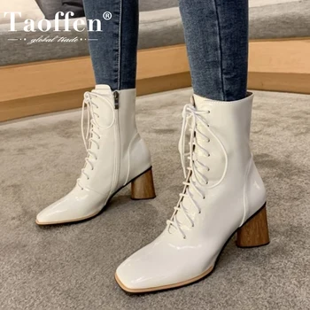

Taoffen Women High Heel Boots Real Leather Strange Heel Zipper Woman Ankle Boots Fashion Winter Shoes Women Size 34-40