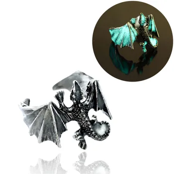 Glow In Dark Fashion Dragon Luminous Rings Pterosaur Wings Rings Finger Ring Ancient Silver Adjustable Men Creative Jewelry