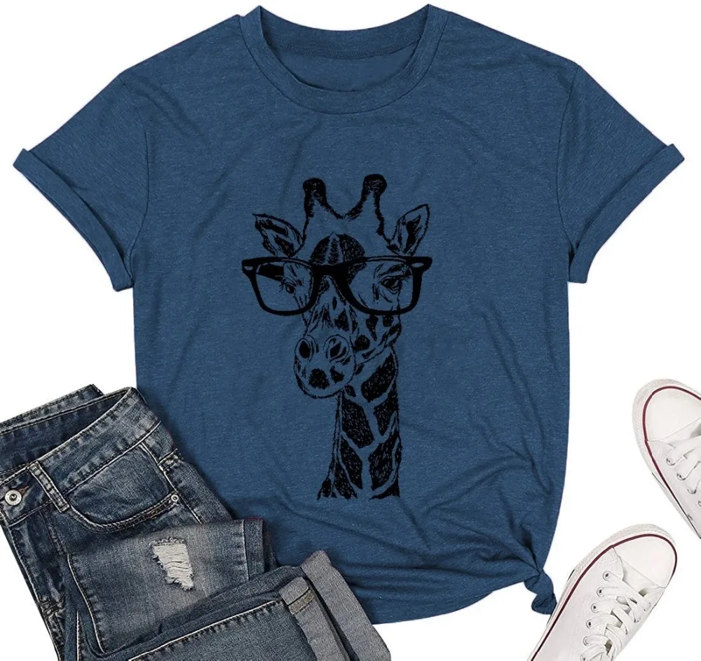 Femme Fashion T-shirt girafe à manches longues imprimé poche Casual O-cou lâche Tops